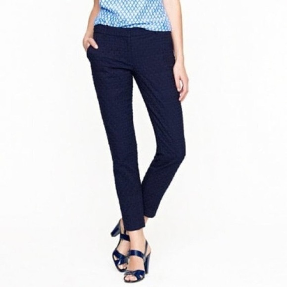 J. Crew Navy Blue Pinwheel Eyelet Cafe Crop Ankle Capri Pants Size 0 style 65899 - Picture 1 of 12
